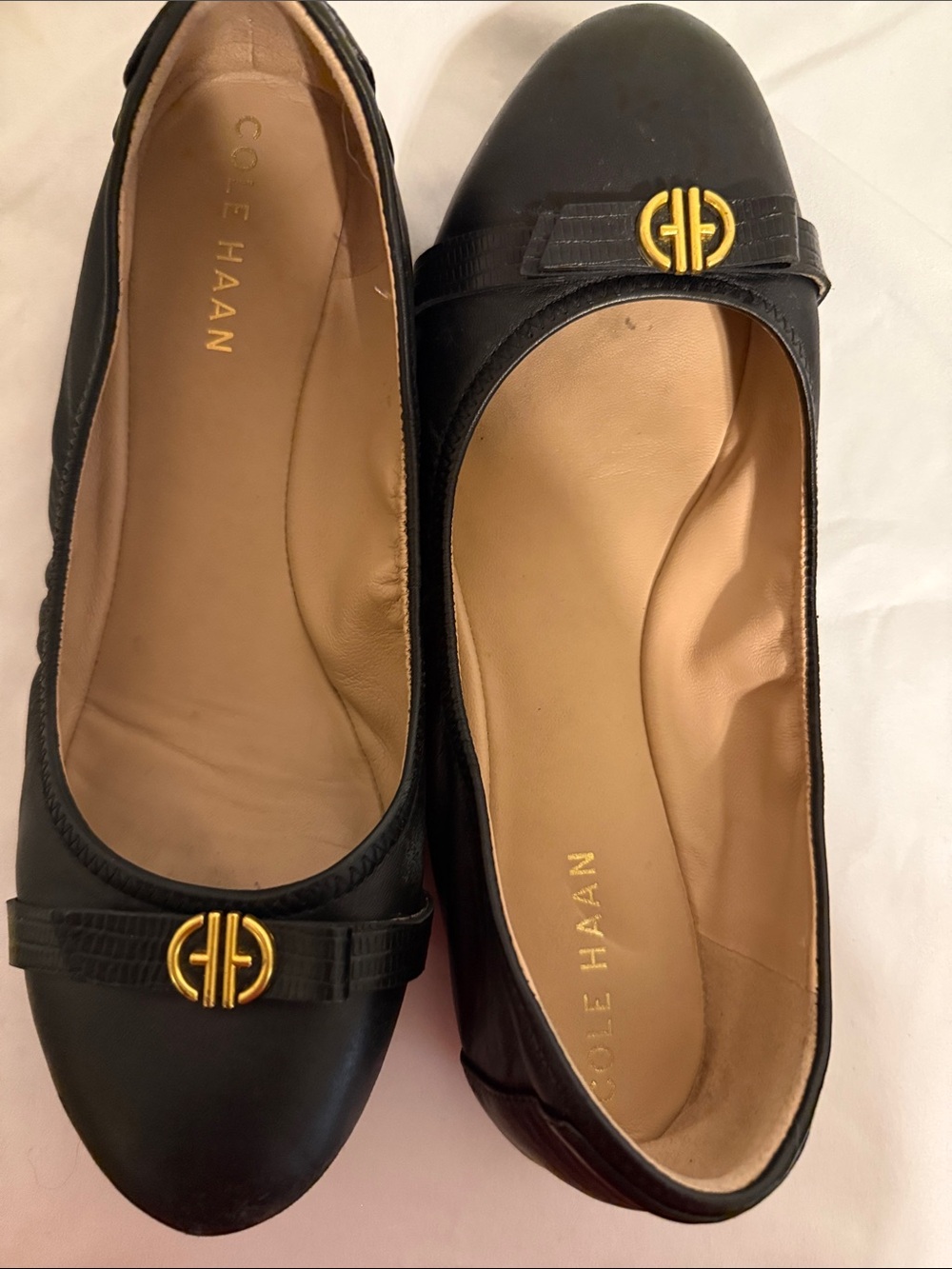 Cole Haan Black Leather Ballet Flats with Gold Accent